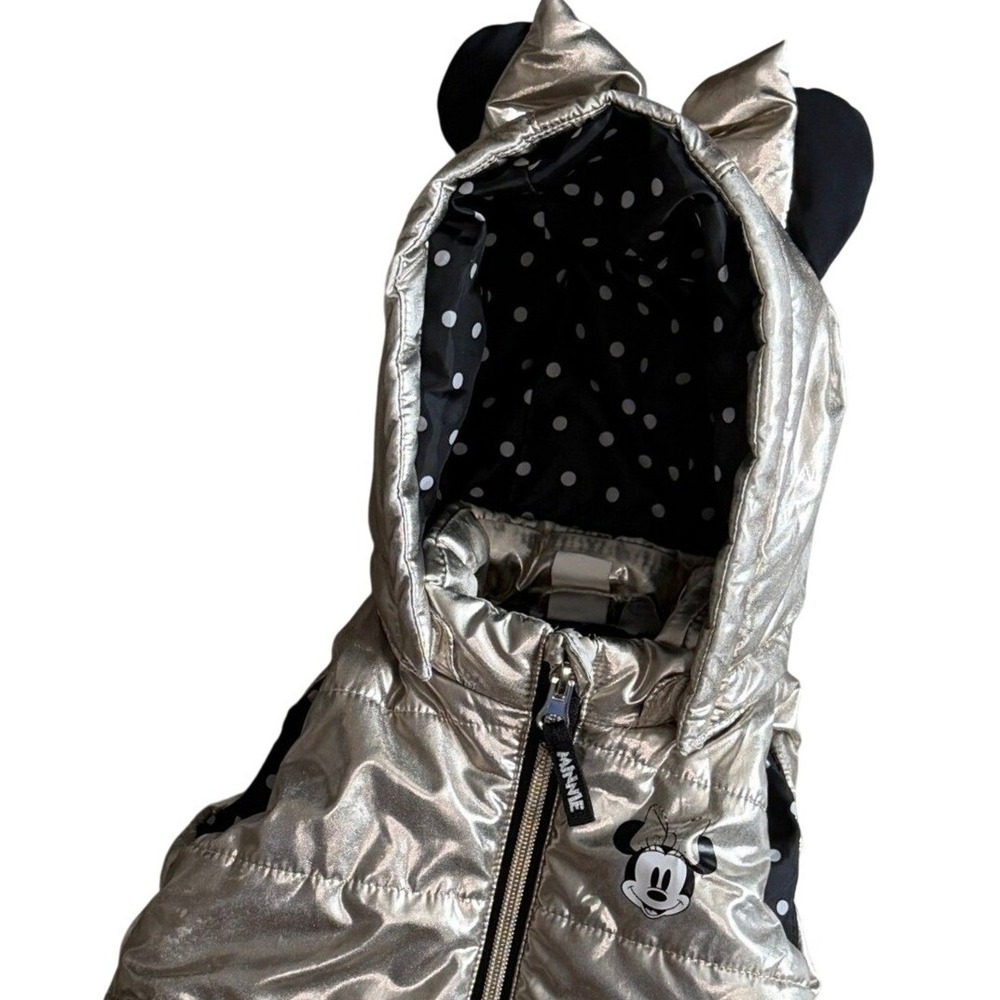 Disney Minnie Mouse Puffer Vest Girls 6-9M Metallic Gold Polka Dot Hooded Ear